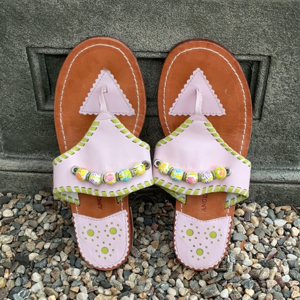 Angela Moore (Jack Rogers style) Pink and Green Sandals with Beaded Accents